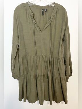 Versona Gauzy Boho Babydoll Tiered Ruffle Dress. Olive Green, Cotton Blend. Sz M